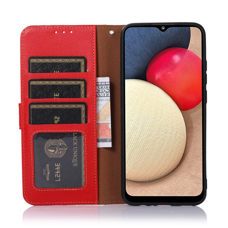 KHAZNEH RFID Blocking Litchi Texture PU Leather Case Wallet Phone Stand Case with Anti-lost Lanyard for Google Pixel 6a - Red