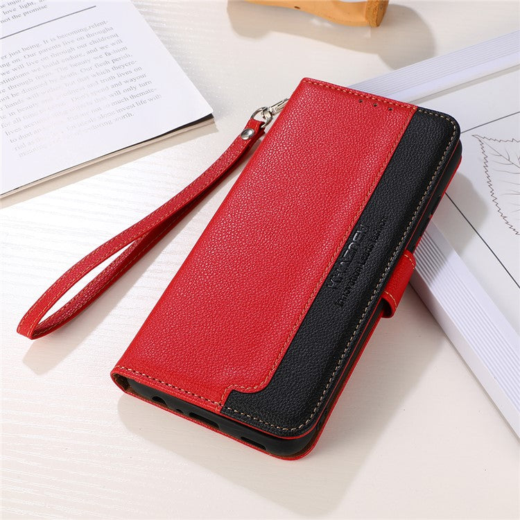 KHAZNEH RFID Blocking Litchi Texture PU Leather Case Wallet Phone Stand Case with Anti-lost Lanyard for Google Pixel 6a - Red