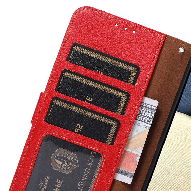 KHAZNEH RFID Blocking Litchi Texture PU Leather Case Wallet Phone Stand Case with Anti-lost Lanyard for Google Pixel 6a - Red