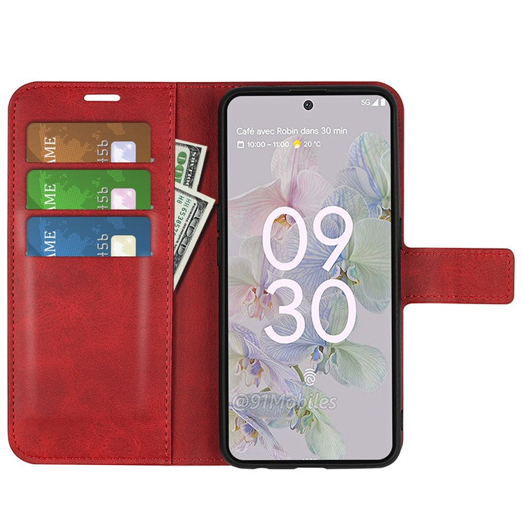 Magnetic Clasp Folio Flip PU Leather + TPU Phone Case Foldable Stand Shockproof Protective Cover for Google Pixel 6a - Red