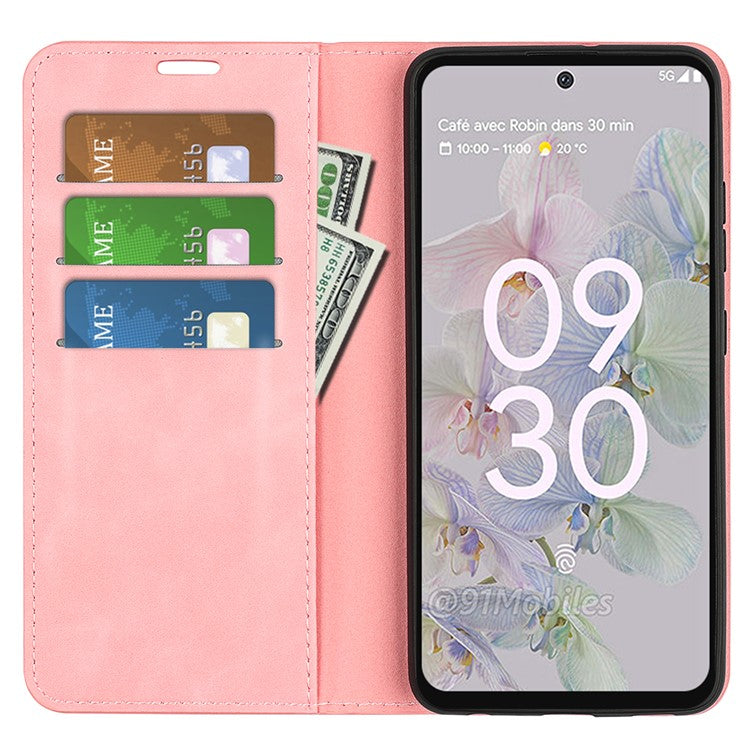 For Google Pixel 6a Wallet Design Mobile Phone Cover Shell TPU and PU Leather Phone Case with Supporting Stand - Pink