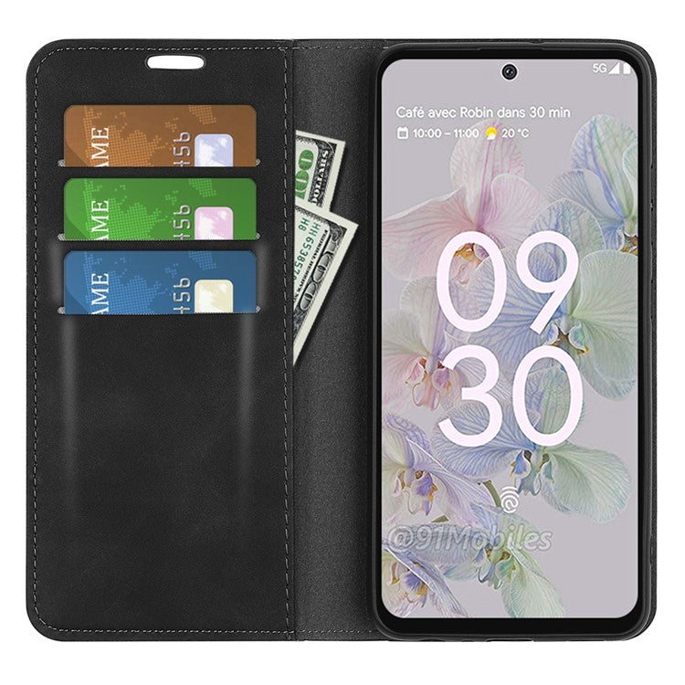 For Google Pixel 6a Wallet Design Mobile Phone Cover Shell TPU and PU Leather Phone Case with Supporting Stand - Black