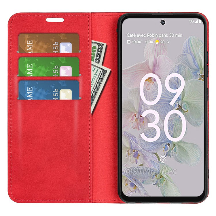 For Google Pixel 6a Wallet Design Mobile Phone Cover Shell TPU and PU Leather Phone Case with Supporting Stand - Red