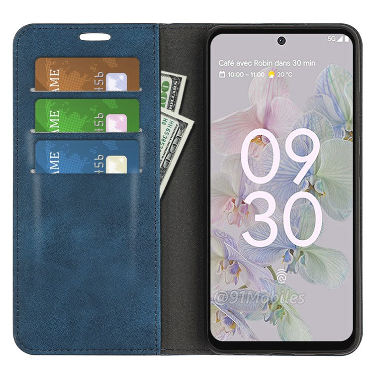 For Google Pixel 6a Wallet Design Mobile Phone Cover Shell TPU and PU Leather Phone Case with Supporting Stand - Blue