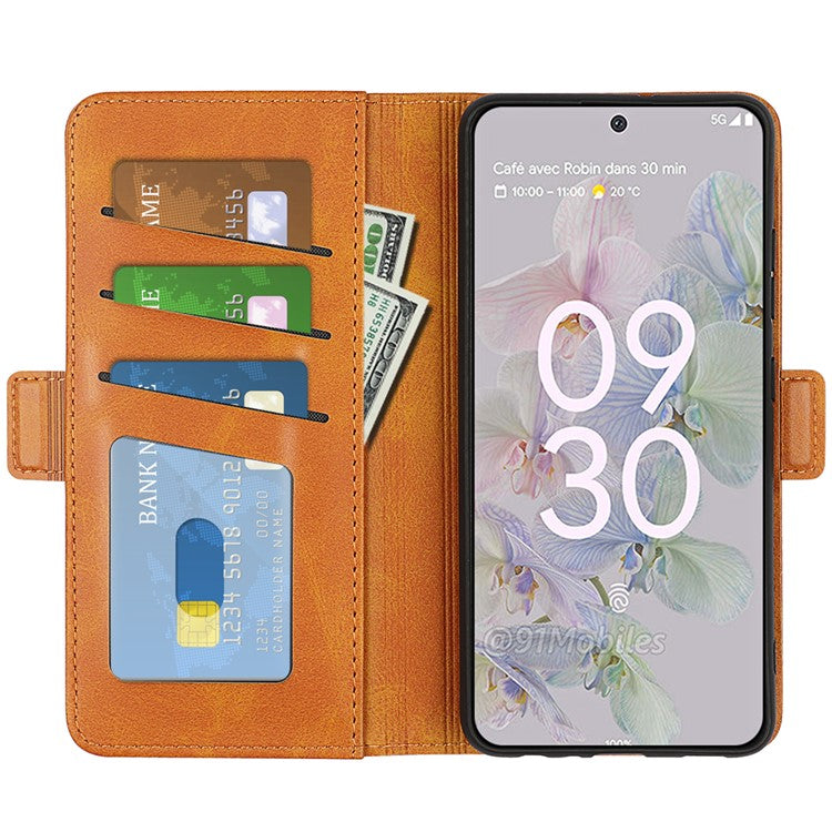 Side Magnetic Double Clasps Stand Wallet Design PU Leather Case Phone Cover for Google Pixel 6a - Yellow