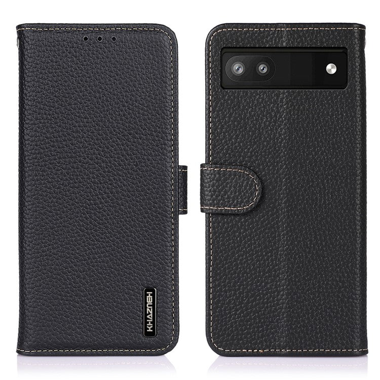 KHAZNEH Litchi Texture Genuine Leather Cover Folio Flip Phone Case with Stand Wallet for Google Pixel 6a - Black