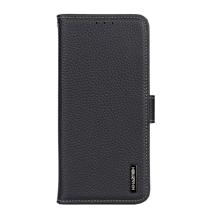 KHAZNEH Litchi Texture Genuine Leather Cover Folio Flip Phone Case with Stand Wallet for Google Pixel 6a - Black