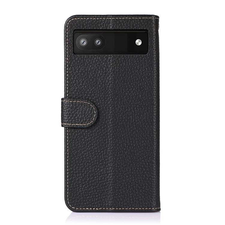 KHAZNEH Litchi Texture Genuine Leather Cover Folio Flip Phone Case with Stand Wallet for Google Pixel 6a - Black