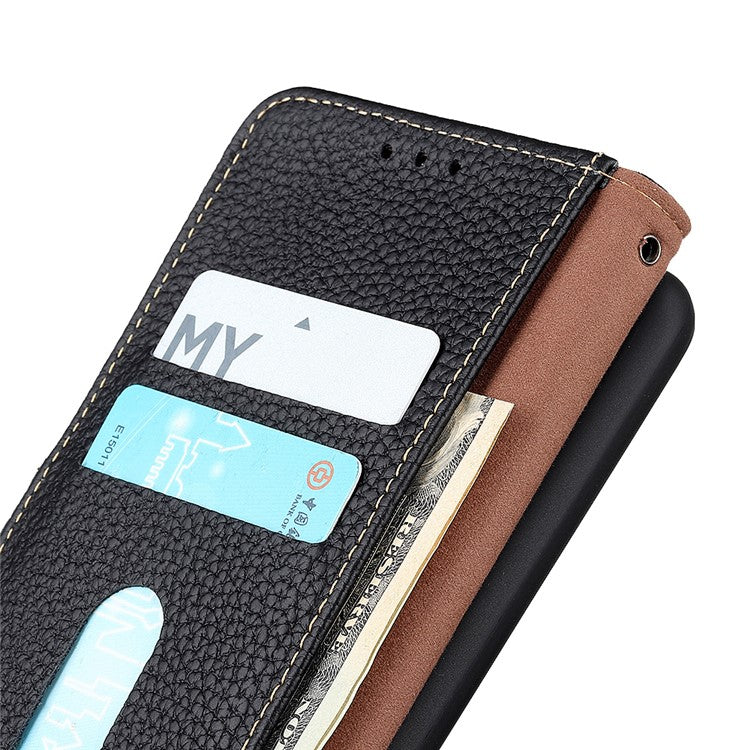 KHAZNEH Litchi Texture Genuine Leather Cover Folio Flip Phone Case with Stand Wallet for Google Pixel 6a - Black