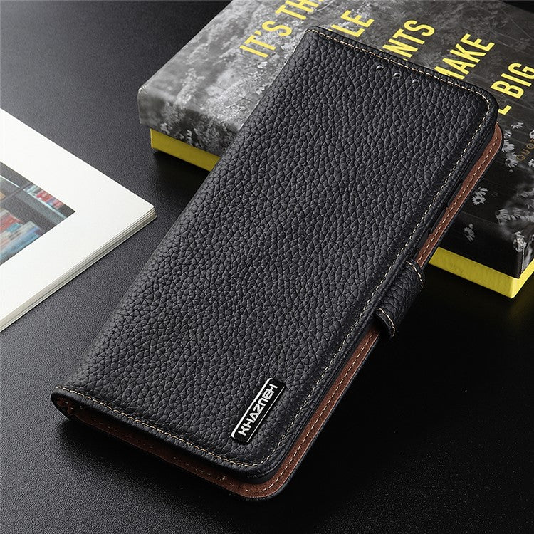 KHAZNEH Litchi Texture Genuine Leather Cover Folio Flip Phone Case with Stand Wallet for Google Pixel 6a - Black