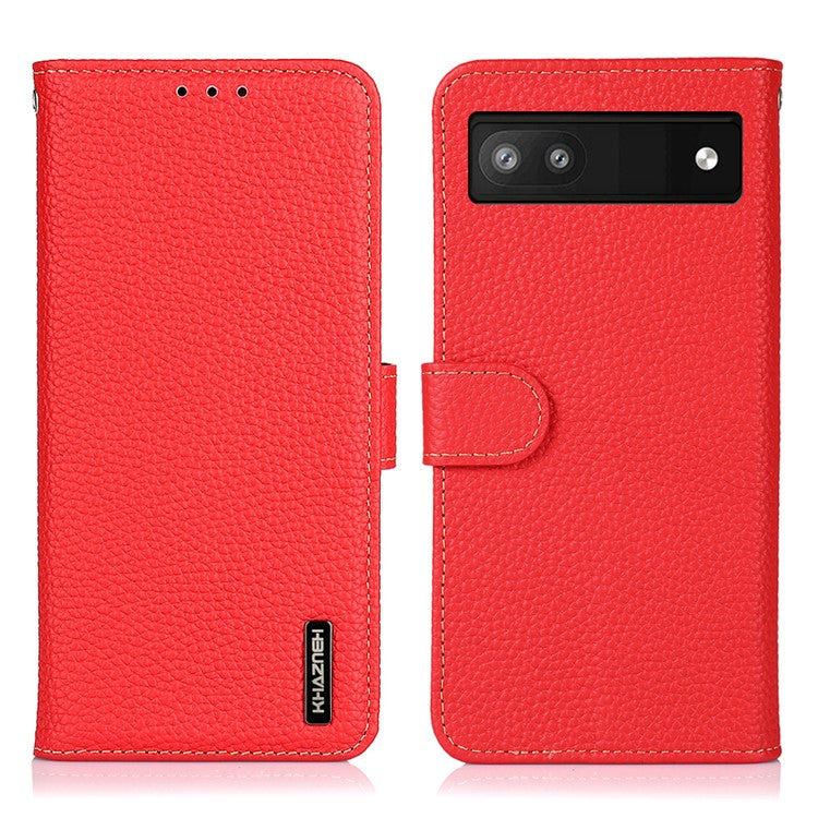 KHAZNEH Litchi Texture Genuine Leather Cover Folio Flip Phone Case with Stand Wallet for Google Pixel 6a - Red