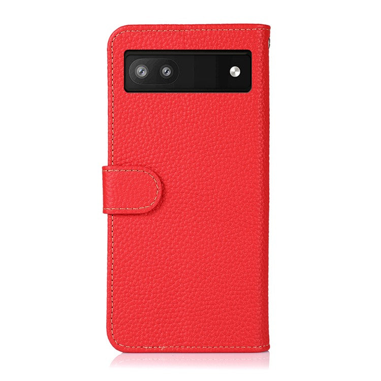 KHAZNEH Litchi Texture Genuine Leather Cover Folio Flip Phone Case with Stand Wallet for Google Pixel 6a - Red