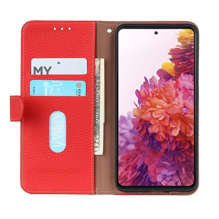 KHAZNEH Litchi Texture Genuine Leather Cover Folio Flip Phone Case with Stand Wallet for Google Pixel 6a - Red