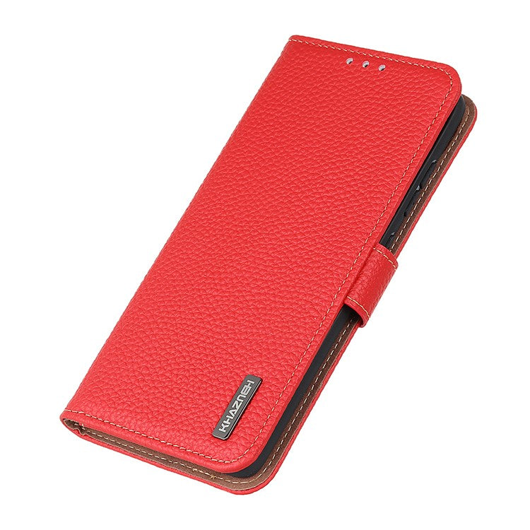 KHAZNEH Litchi Texture Genuine Leather Cover Folio Flip Phone Case with Stand Wallet for Google Pixel 6a - Red