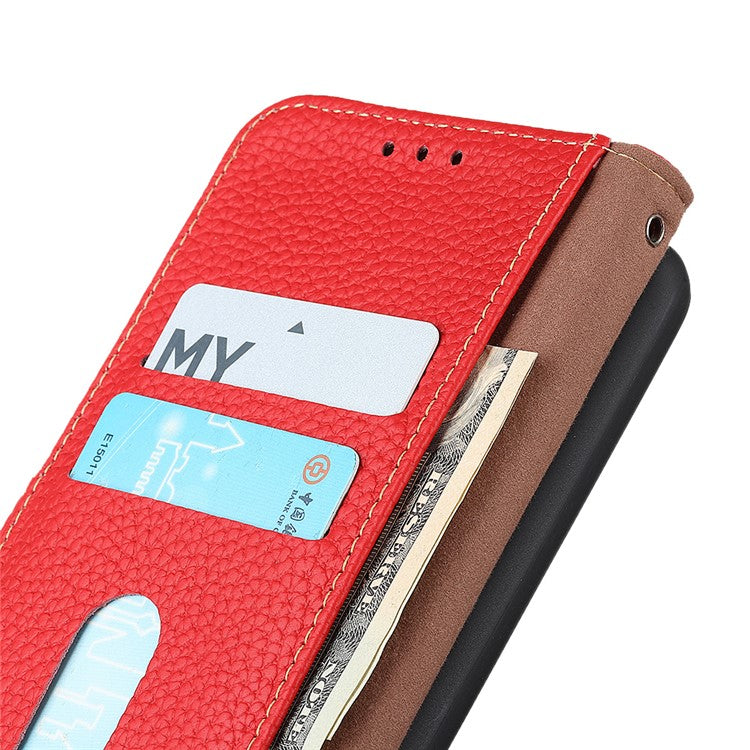 KHAZNEH Litchi Texture Genuine Leather Cover Folio Flip Phone Case with Stand Wallet for Google Pixel 6a - Red