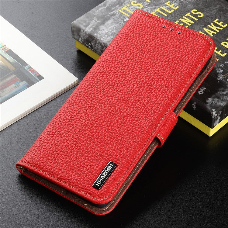 KHAZNEH Litchi Texture Genuine Leather Cover Folio Flip Phone Case with Stand Wallet for Google Pixel 6a - Red