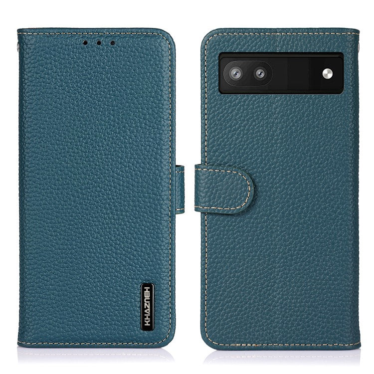 KHAZNEH Litchi Texture Genuine Leather Cover Folio Flip Phone Case with Stand Wallet for Google Pixel 6a - Green