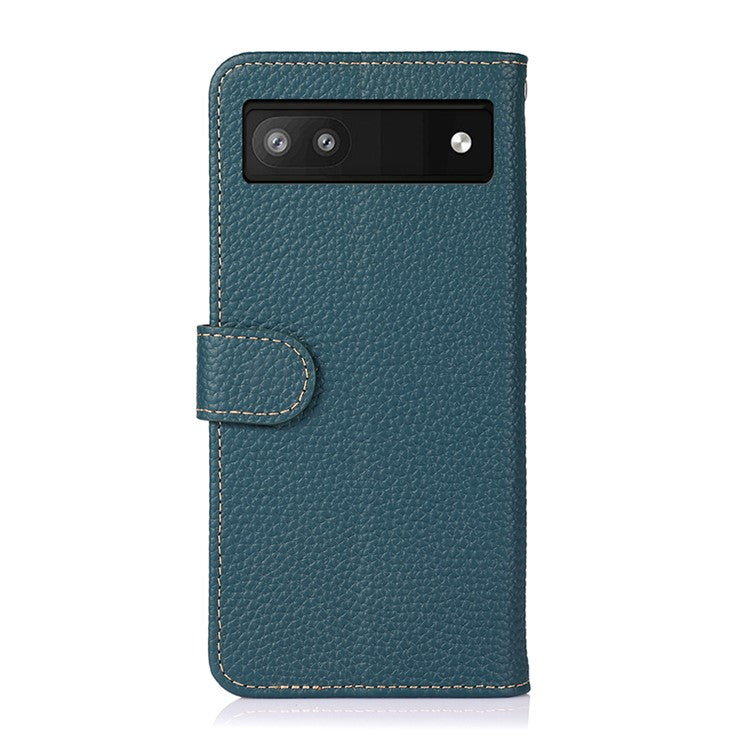 KHAZNEH Litchi Texture Genuine Leather Cover Folio Flip Phone Case with Stand Wallet for Google Pixel 6a - Green