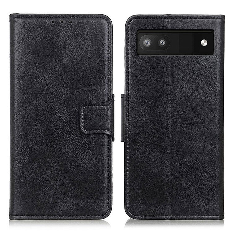 PU Leather Wallet Stand Case Crazy Horse Texture Shockproof Phone Cover Shell for Google Pixel 6a - Black