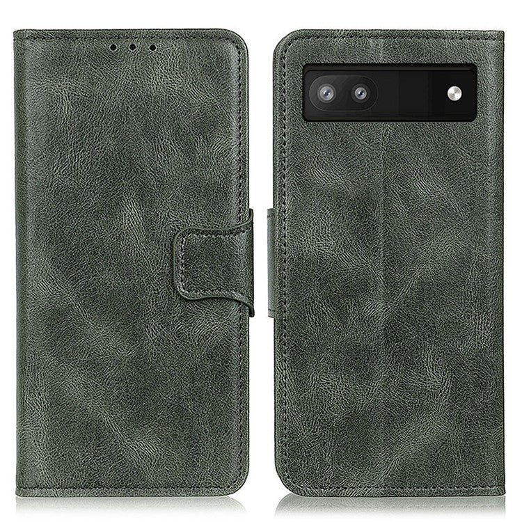 PU Leather Wallet Stand Case Crazy Horse Texture Shockproof Phone Cover Shell for Google Pixel 6a - Blackish Green