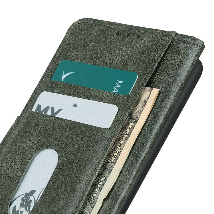 PU Leather Wallet Stand Case Crazy Horse Texture Shockproof Phone Cover Shell for Google Pixel 6a - Blackish Green