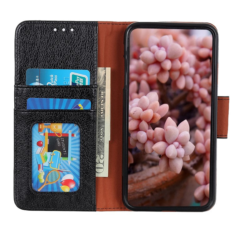 Nappa Texture Split Leather Cover + TPU Case Stand Wallet Protector for Google Pixel 6a - Black