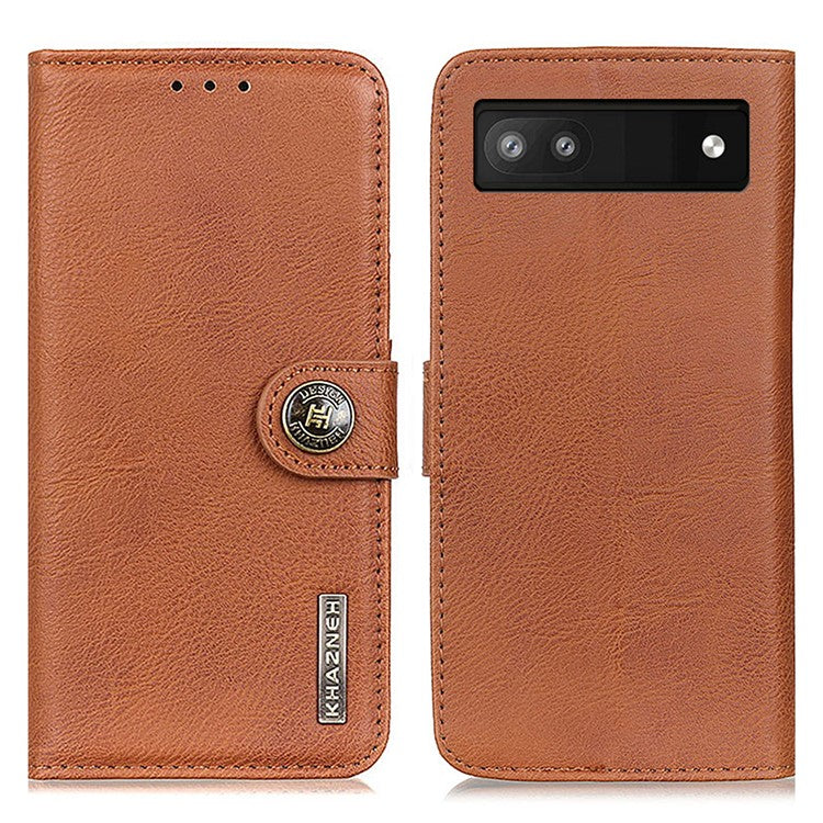 KHAZNEH Textured PU Leather Magnetic Protective Case Book Stand TPU Inner Wallet Flip Cover for Google Pixel 6a - Brown