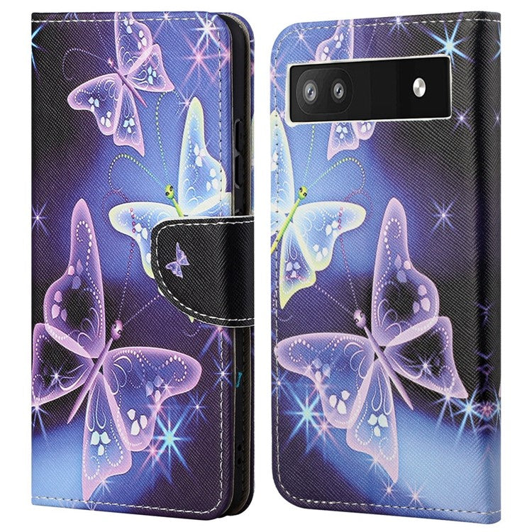 Magnetic Closed Folding Phone Case Cross Texture PU Leather Protective Cover with Wallet for Google Pixel 6a - Sparkling Butterflies