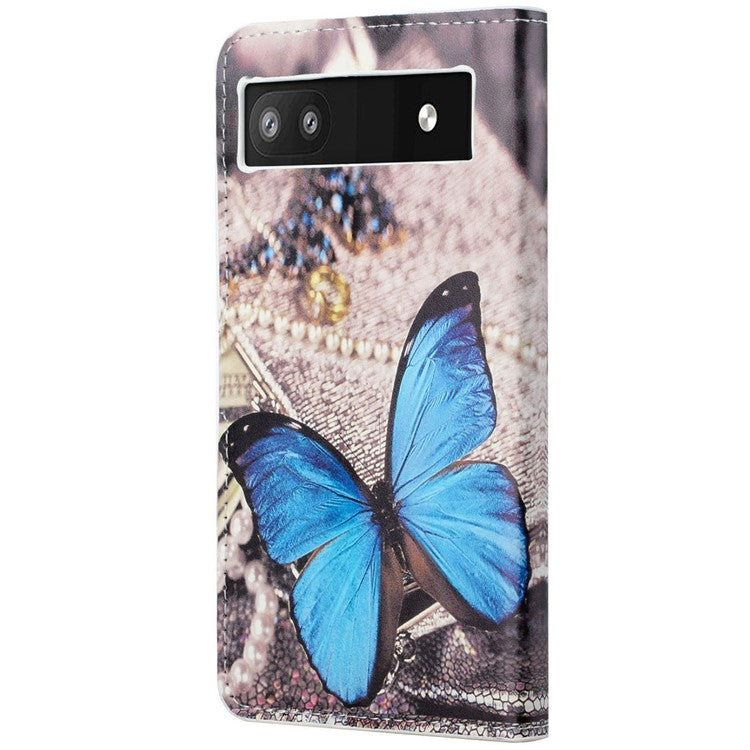 Pattern Printing TPU + PU Leather Stand Magnetic Closure Flip Case with Card Slots and Cash Pocket for Google Pixel 6a - Blue Butterfly