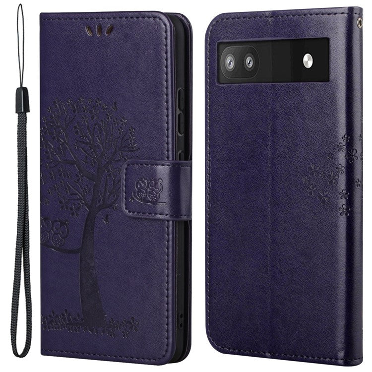 Scratch-proof PU Leather Protective Cover Imprinted Owl Pattern Phone Case with Stand Wallet for Google Pixel 6a - Dark Blue