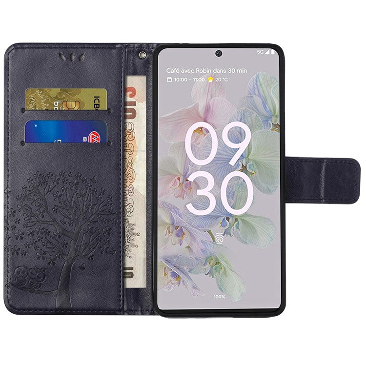 Scratch-proof PU Leather Protective Cover Imprinted Owl Pattern Phone Case with Stand Wallet for Google Pixel 6a - Dark Blue