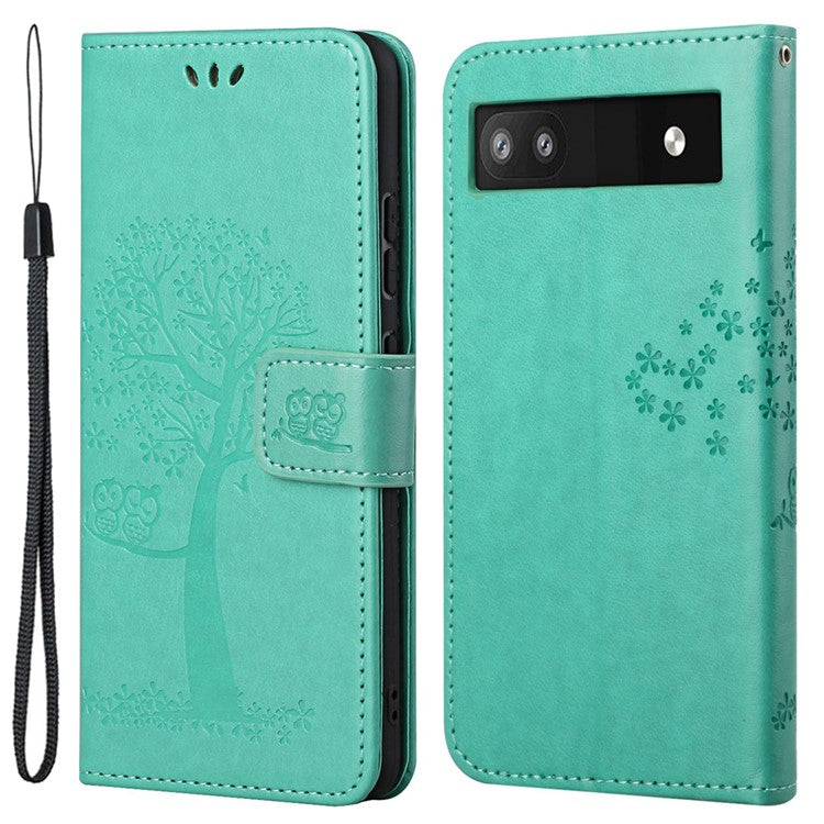 Scratch-proof PU Leather Protective Cover Imprinted Owl Pattern Phone Case with Stand Wallet for Google Pixel 6a - Green