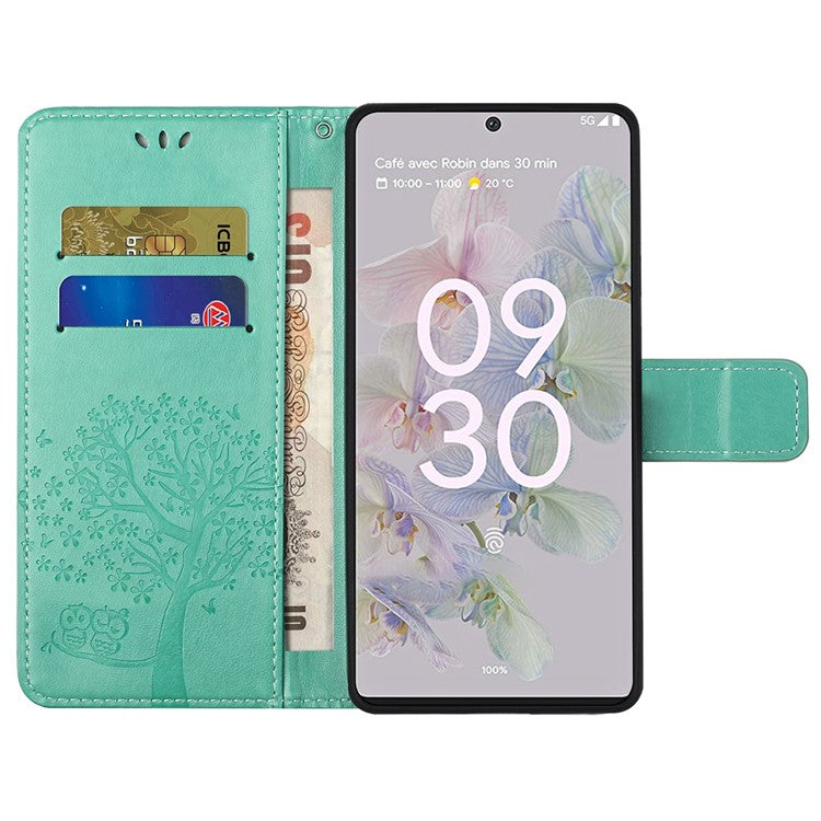 Scratch-proof PU Leather Protective Cover Imprinted Owl Pattern Phone Case with Stand Wallet for Google Pixel 6a - Green