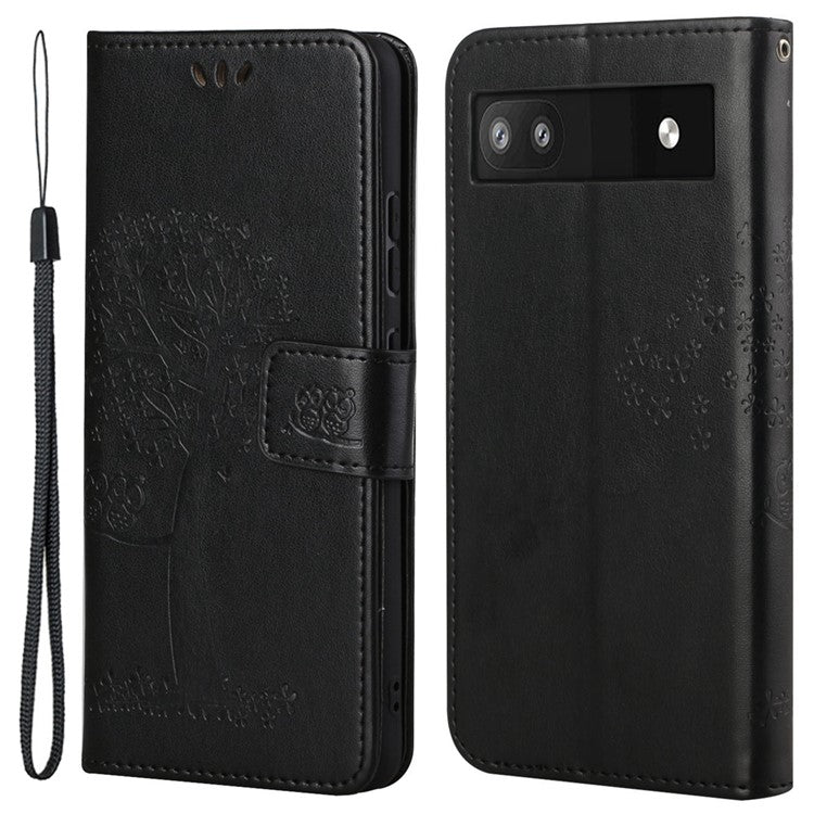 Scratch-proof PU Leather Protective Cover Imprinted Owl Pattern Phone Case with Stand Wallet for Google Pixel 6a - Black