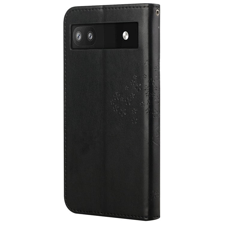 Scratch-proof PU Leather Protective Cover Imprinted Owl Pattern Phone Case with Stand Wallet for Google Pixel 6a - Black