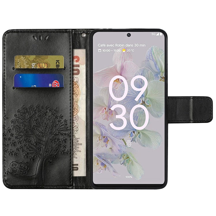 Scratch-proof PU Leather Protective Cover Imprinted Owl Pattern Phone Case with Stand Wallet for Google Pixel 6a - Black