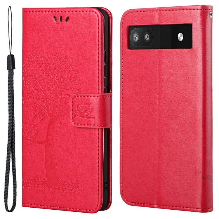 Scratch-proof PU Leather Protective Cover Imprinted Owl Pattern Phone Case with Stand Wallet for Google Pixel 6a - Red