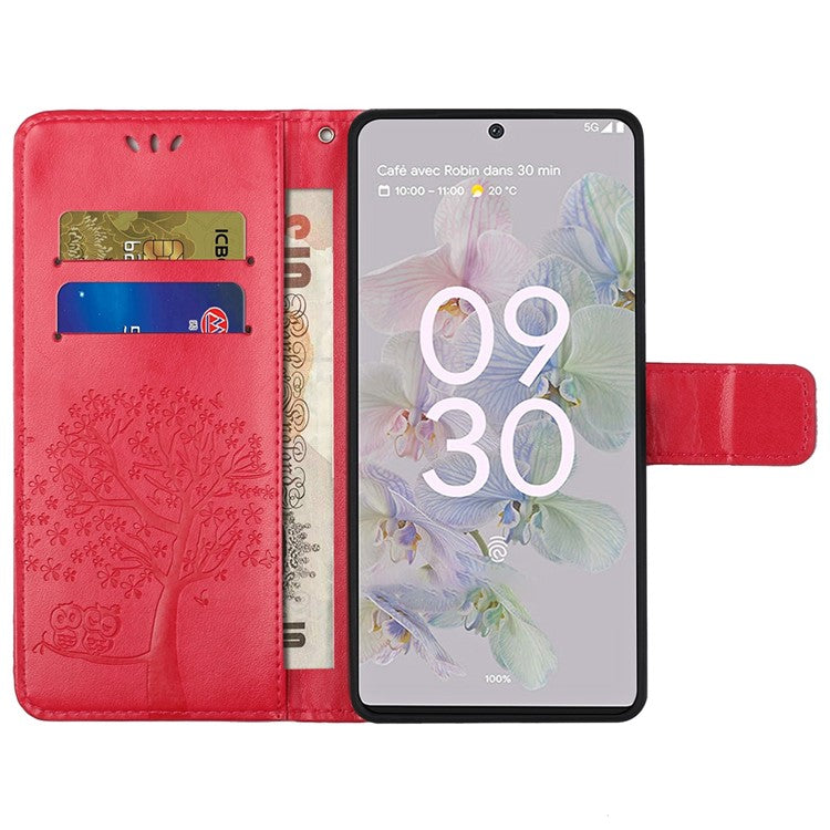 Scratch-proof PU Leather Protective Cover Imprinted Owl Pattern Phone Case with Stand Wallet for Google Pixel 6a - Red