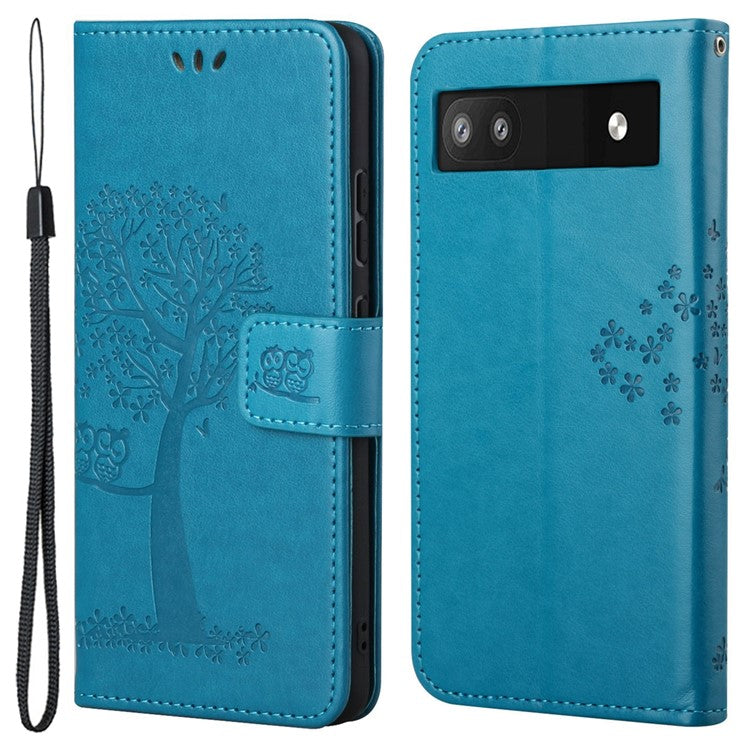 Scratch-proof PU Leather Protective Cover Imprinted Owl Pattern Phone Case with Stand Wallet for Google Pixel 6a - Blue