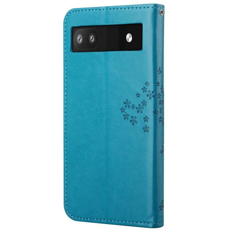 Scratch-proof PU Leather Protective Cover Imprinted Owl Pattern Phone Case with Stand Wallet for Google Pixel 6a - Blue