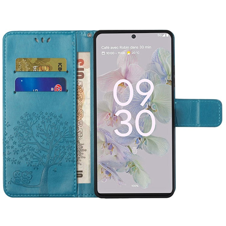 Scratch-proof PU Leather Protective Cover Imprinted Owl Pattern Phone Case with Stand Wallet for Google Pixel 6a - Blue