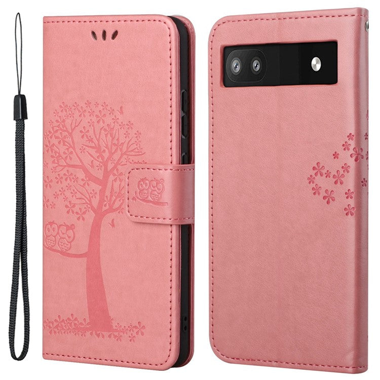 Scratch-proof PU Leather Protective Cover Imprinted Owl Pattern Phone Case with Stand Wallet for Google Pixel 6a - Pink