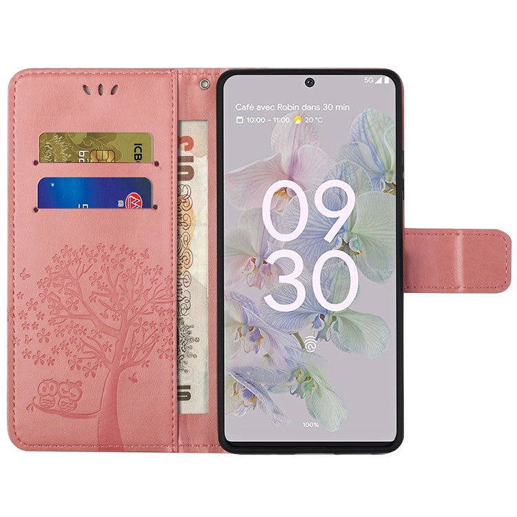 Scratch-proof PU Leather Protective Cover Imprinted Owl Pattern Phone Case with Stand Wallet for Google Pixel 6a - Pink