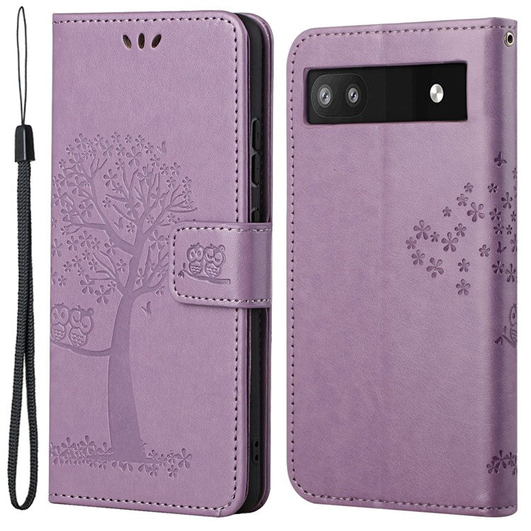 Scratch-proof PU Leather Protective Cover Imprinted Owl Pattern Phone Case with Stand Wallet for Google Pixel 6a - Purple