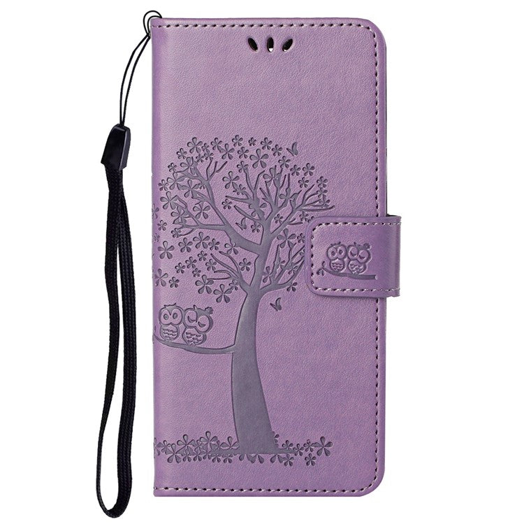 Scratch-proof PU Leather Protective Cover Imprinted Owl Pattern Phone Case with Stand Wallet for Google Pixel 6a - Purple