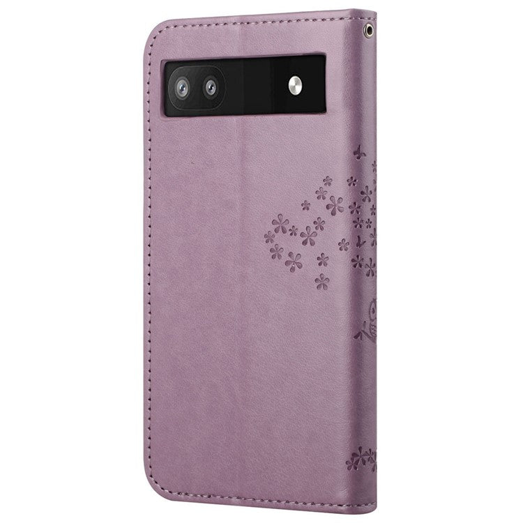 Scratch-proof PU Leather Protective Cover Imprinted Owl Pattern Phone Case with Stand Wallet for Google Pixel 6a - Purple