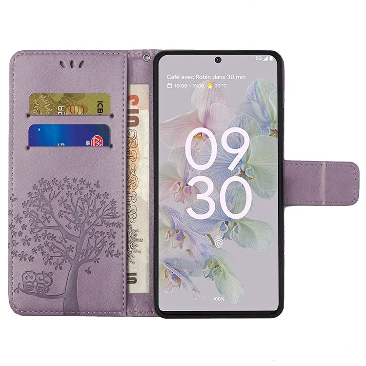 Scratch-proof PU Leather Protective Cover Imprinted Owl Pattern Phone Case with Stand Wallet for Google Pixel 6a - Purple