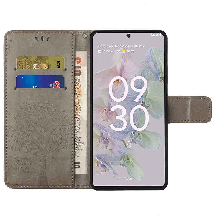 Scratch-proof PU Leather Protective Cover Imprinted Owl Pattern Phone Case with Stand Wallet for Google Pixel 6a - Grey