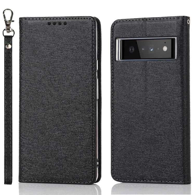 For Google Pixel 6 Pro Mobile Phone Shell Bag Anti-scratch Phone Case Anti-fall Shockproof Silk Texture Leather Wallet Cover with Strap - Black