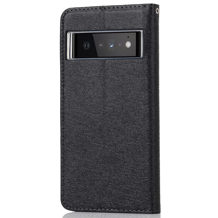 For Google Pixel 6 Pro Mobile Phone Shell Bag Anti-scratch Phone Case Anti-fall Shockproof Silk Texture Leather Wallet Cover with Strap - Black